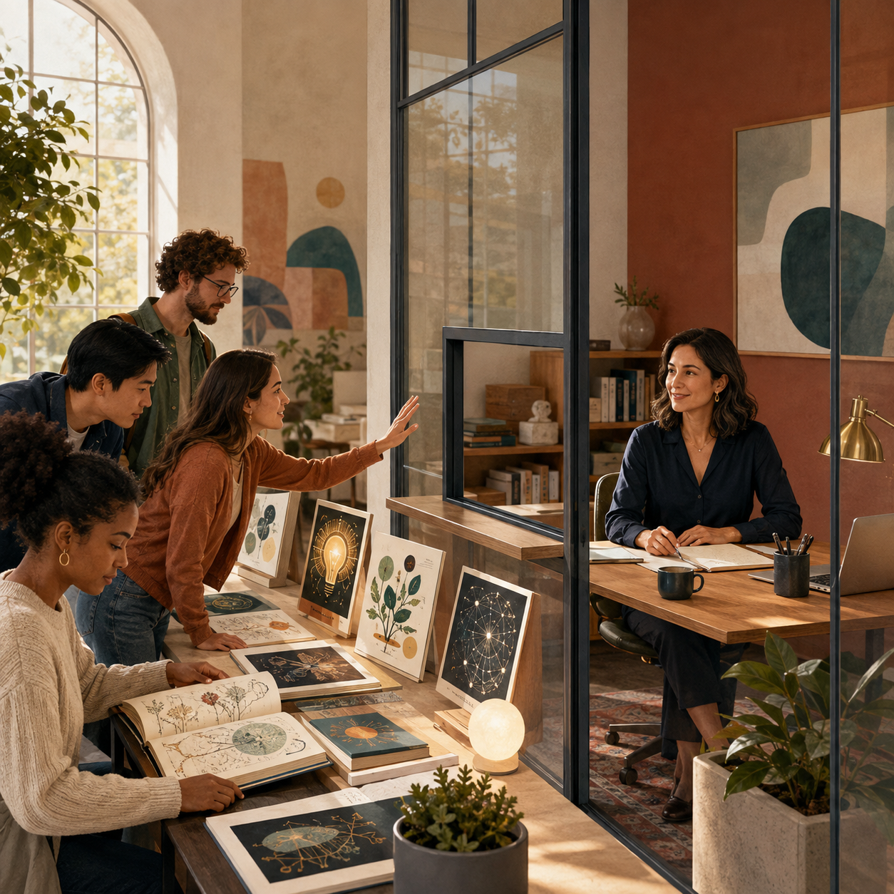 A woman works in a glass-enclosed office while a diverse group explores educational materials outside, illustrating free access to information alongside clear professional boundaries.