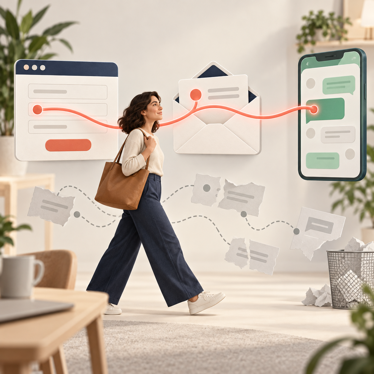 a square, text-free editorial image illustrating conversational continuity across web forms, email, and messaging.