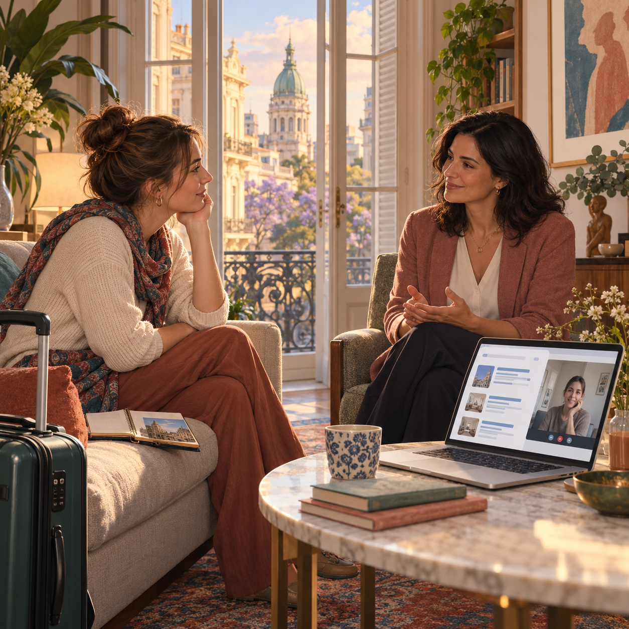 An international traveler speaks with an Argentine psychologist in a warm Buenos Aires office, while a laptop suggests discovering therapy through search and continuing sessions virtually after returning home.