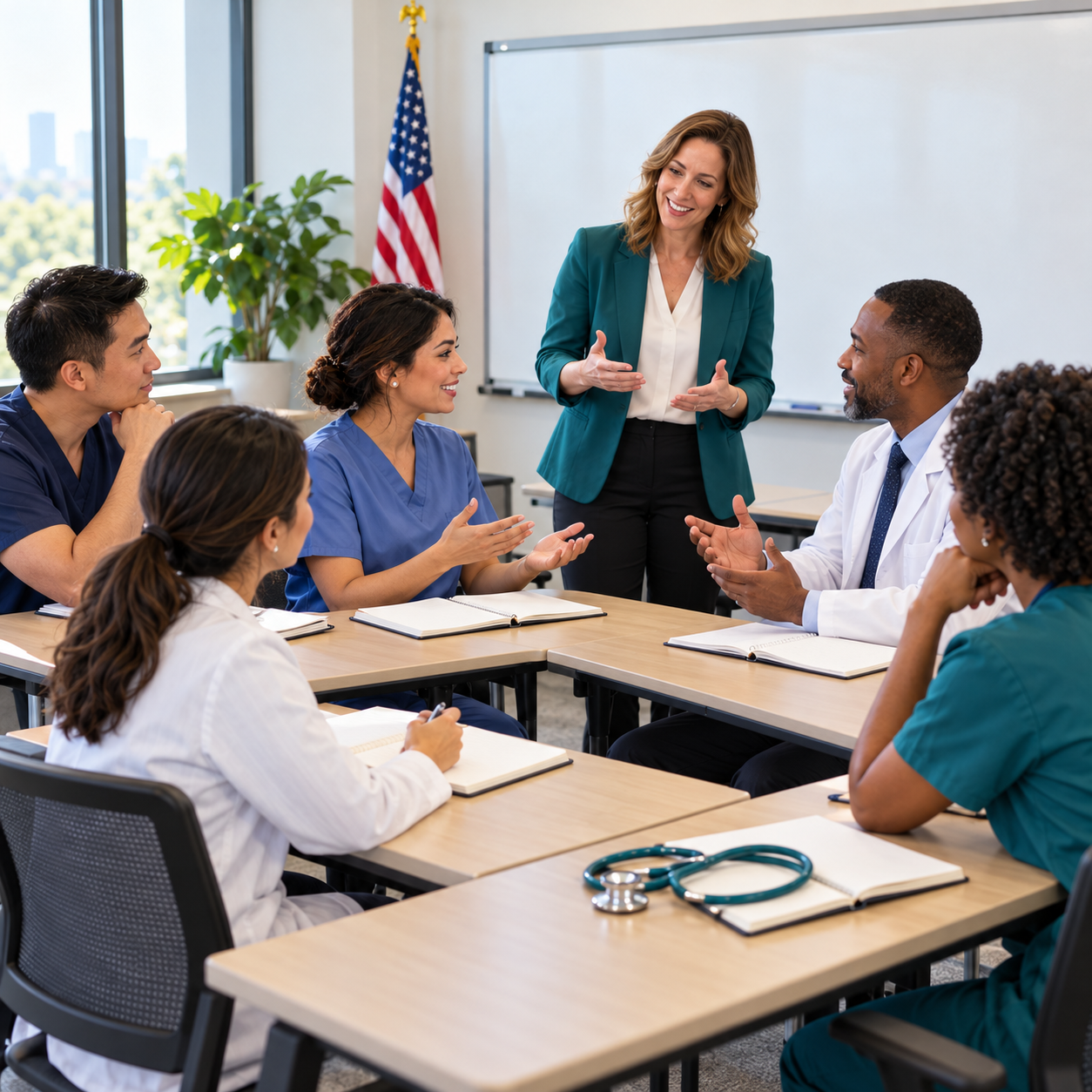 An instructor guides five healthcare professionals through a classroom discussion, with open notebooks, a stethoscope, and a U.S. flag representing medical English and professional communication training for the U.S. market.